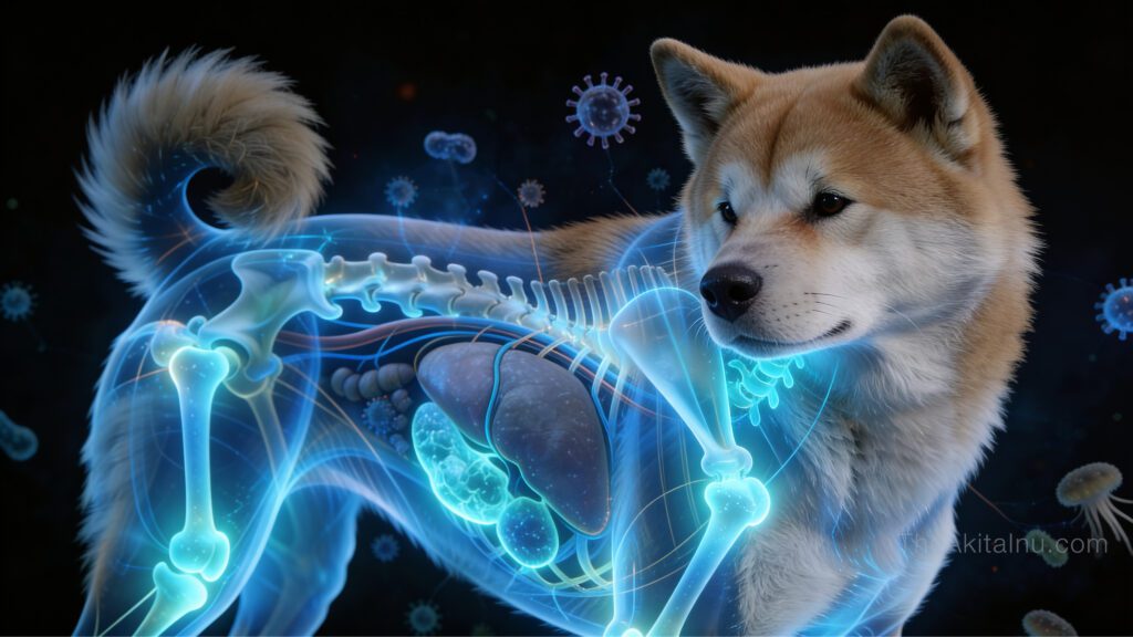 Healthy Akita Inu with transparent anatomy overlay illustrating immune protection and disease prevention in a communicable diseases guide
