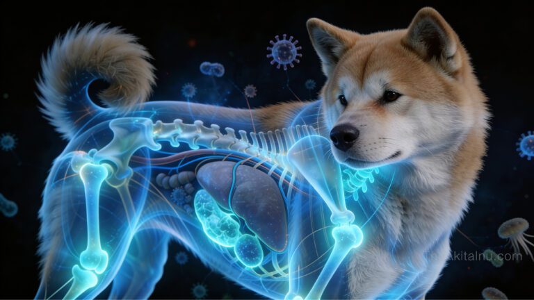 Healthy Akita Inu with transparent anatomy overlay illustrating immune protection and disease prevention in a communicable diseases guide