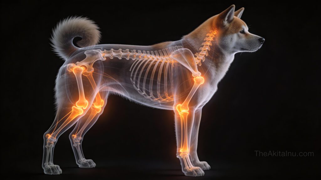 X-ray style veterinary illustration showing hip dysplasia in an Akita Inu, highlighting pelvic joint misalignment and degeneration.