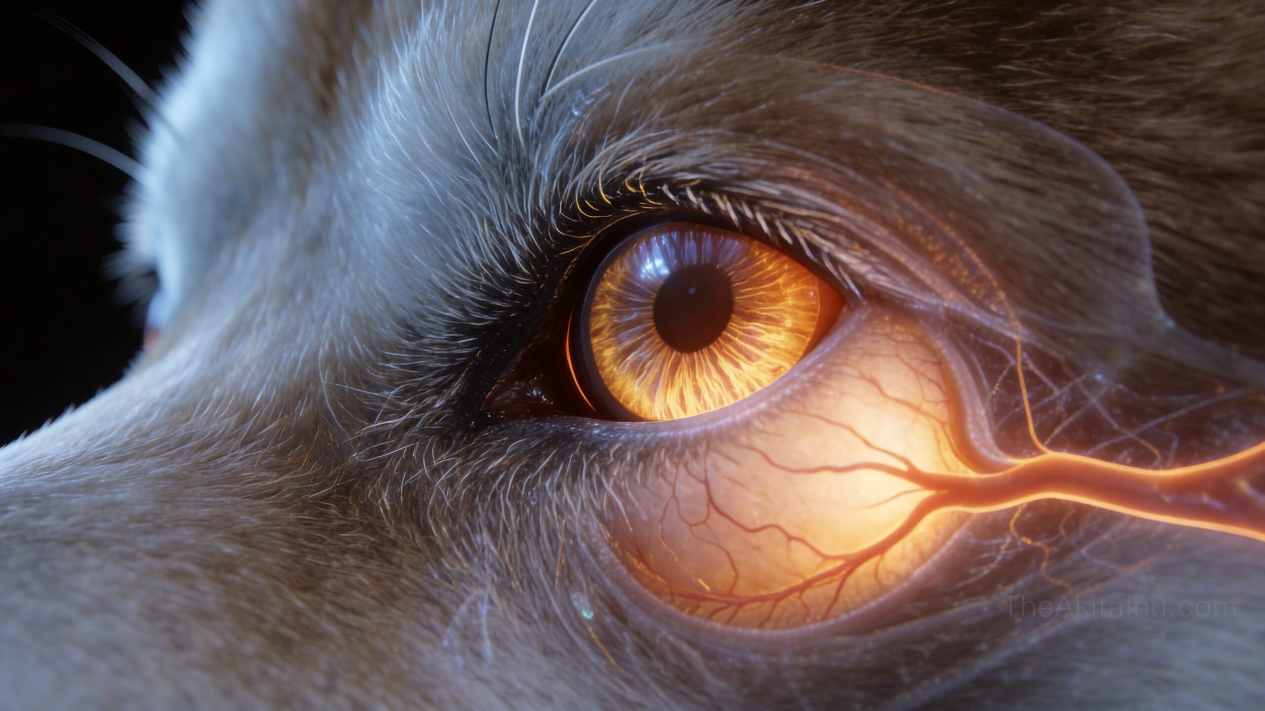 Cross-sectional diagram of Akita Inu eye anatomy showing cornea, lens, retina and optic nerve structure for understanding eye health
