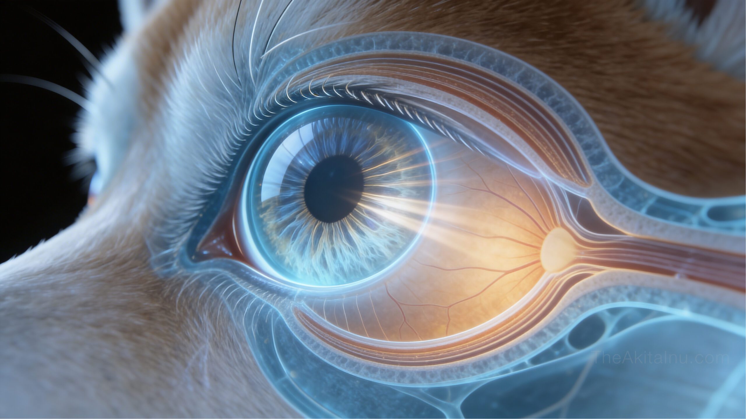Illustration explaining how light enters the Akita Inu eye and focuses on the retina to support normal vision