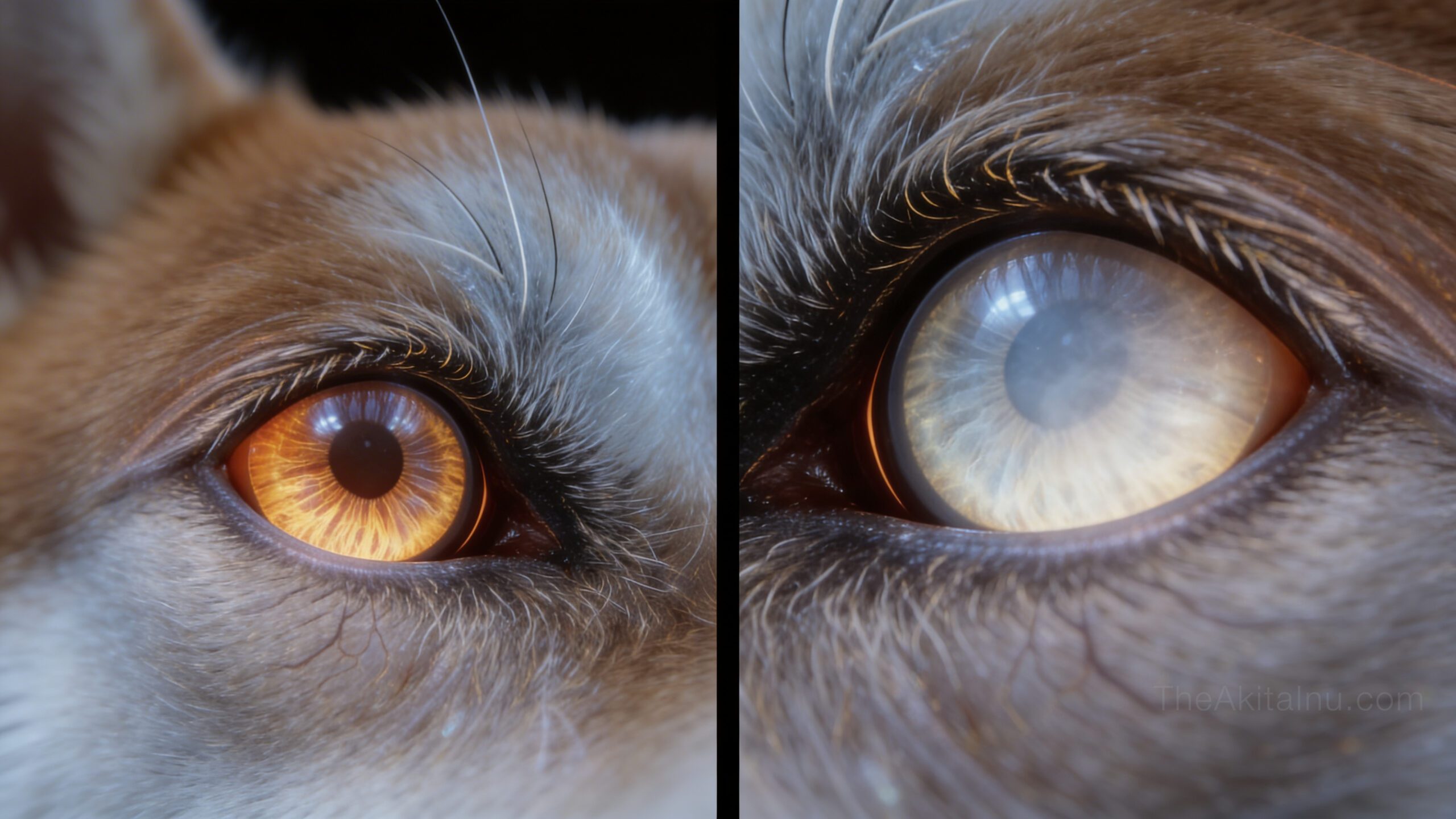 Comparison of healthy Akita Inu eye and cataract affected eye showing cloudy lens opacity and reduced vision clarity