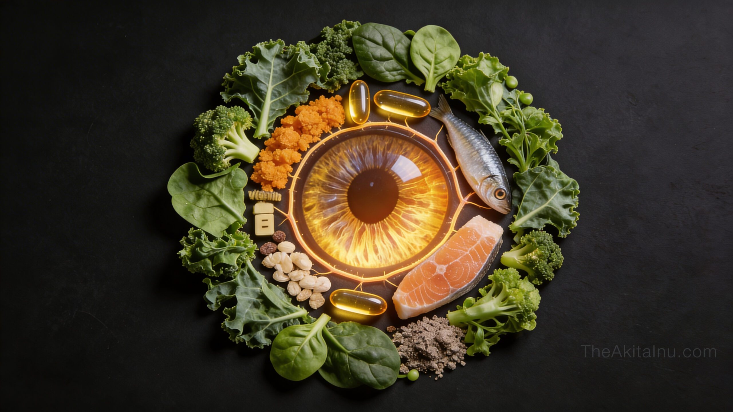 Nutrients supporting Akita Inu eye health including omega-3 fatty acids, lutein rich vegetables and vitamin E