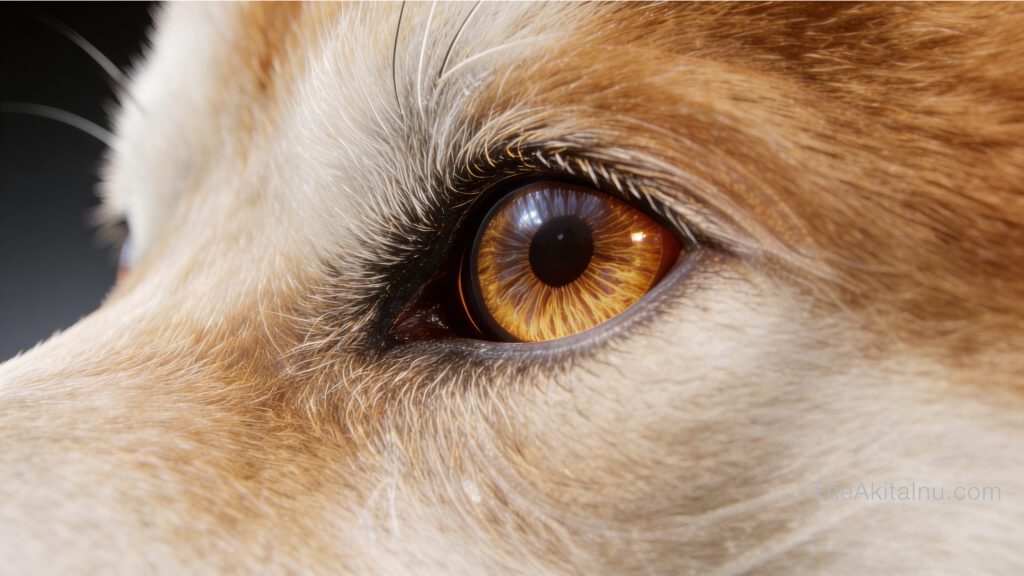 Healthy Akita Inu eye close-up showing clear cornea, sharp amber iris and strong natural vision