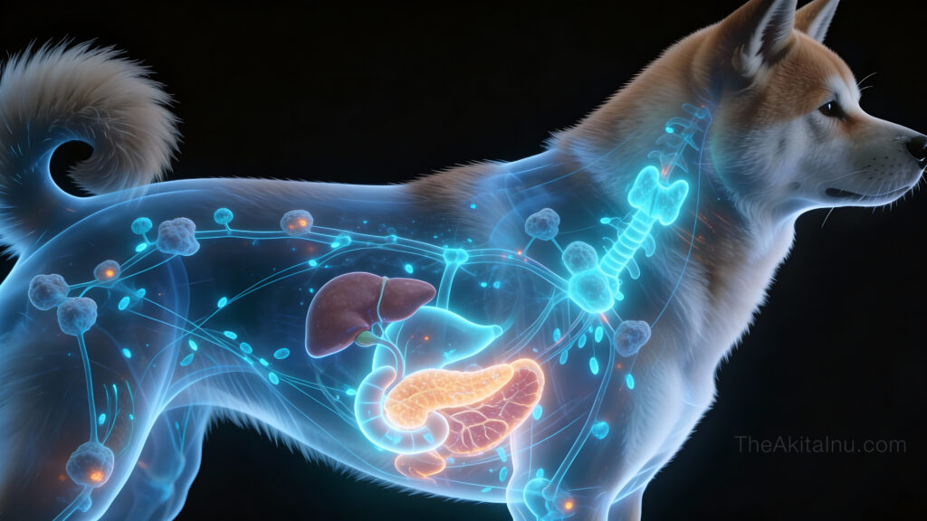 Anatomical illustration of the Akita Inu immune and lymphatic system in semi-transparent X-ray style.