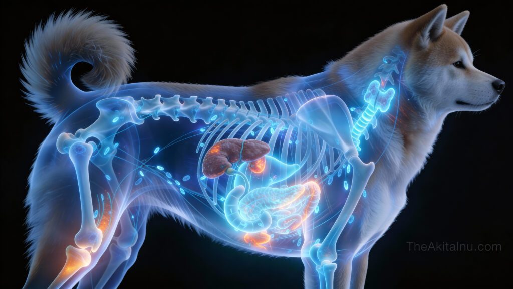 Veterinary medical illustration showing an overview of Akita cancer types and treatment approaches across the body.