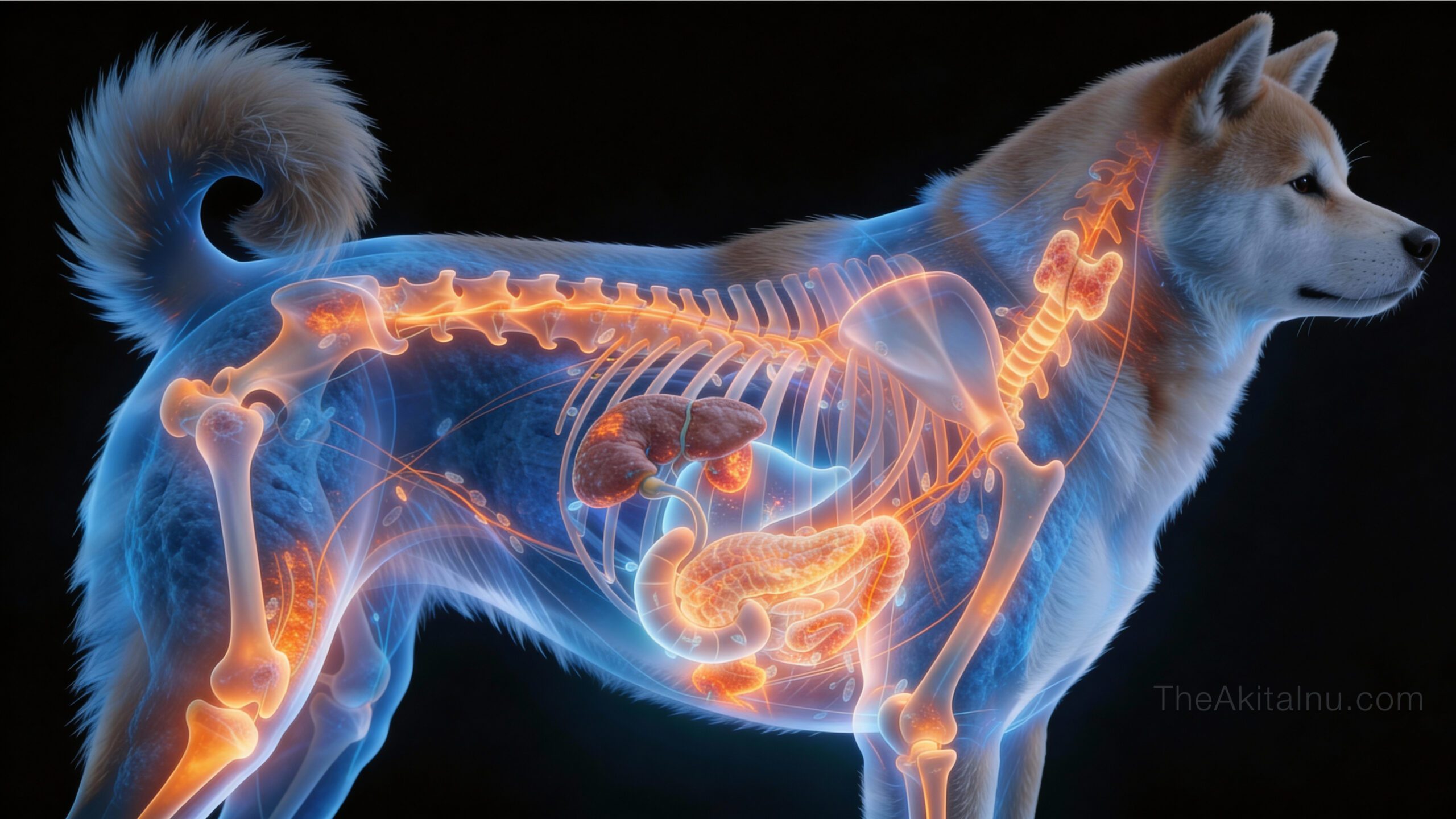 Veterinary medical illustration showing common body locations where cancer develops in the Japanese Akita.