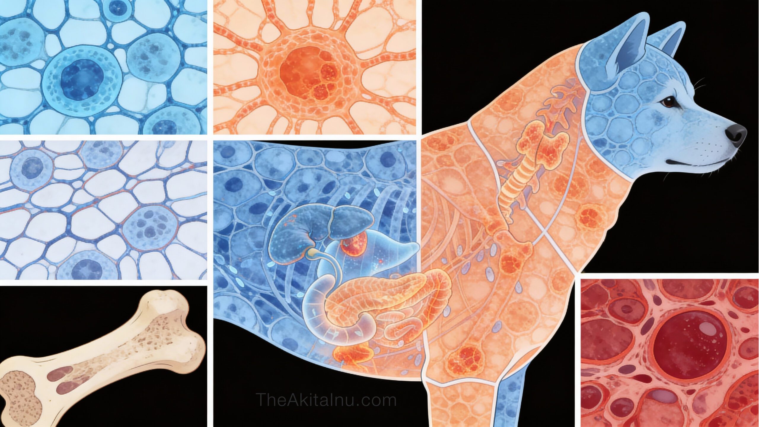 Veterinary pathology illustration comparing different cancer types by tissue and cellular structure in Akita Inu.