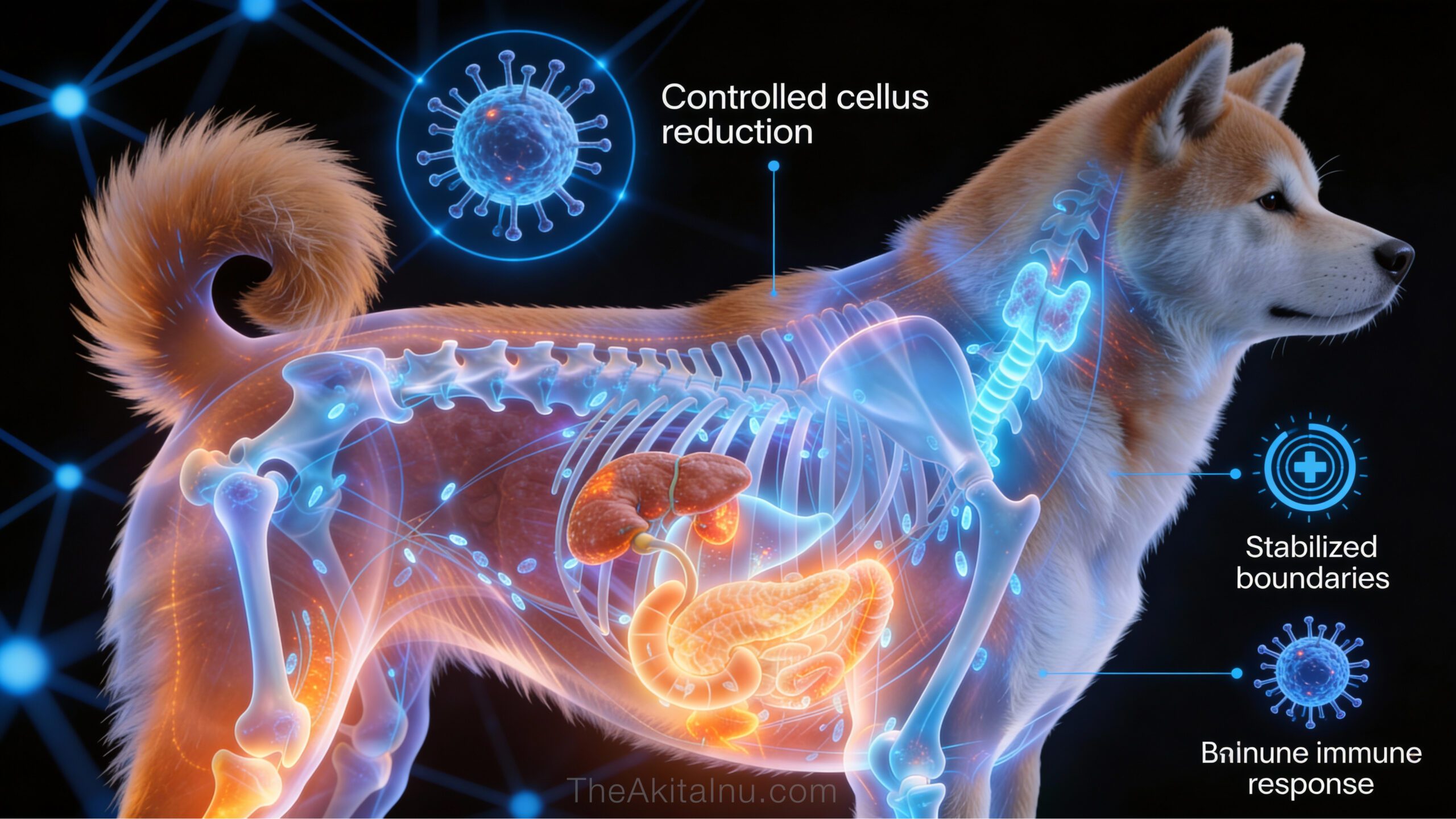 Veterinary educational illustration showing cancer treatment options used in Japanese Akita dogs.