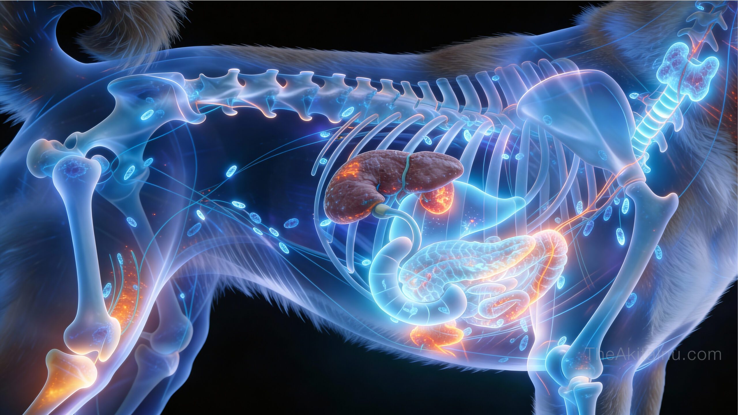 Veterinary medical illustration showing cancer as a systemic disease affecting multiple body systems in the Akita.