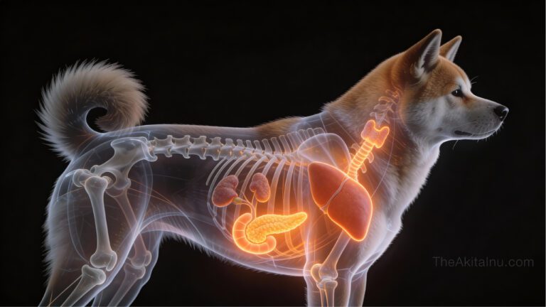 Veterinary illustration showing hormonal and metabolic system changes in a Japanese Akita affected by diabetes and endocrine disorders.
