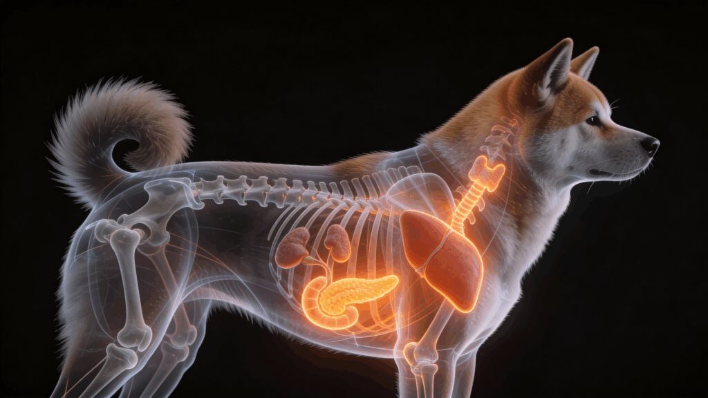 Veterinary X-ray style illustration showing hormonal disorders in the Japanese Akita Inu, including diabetes, thyroid, and adrenal gland imbalances.