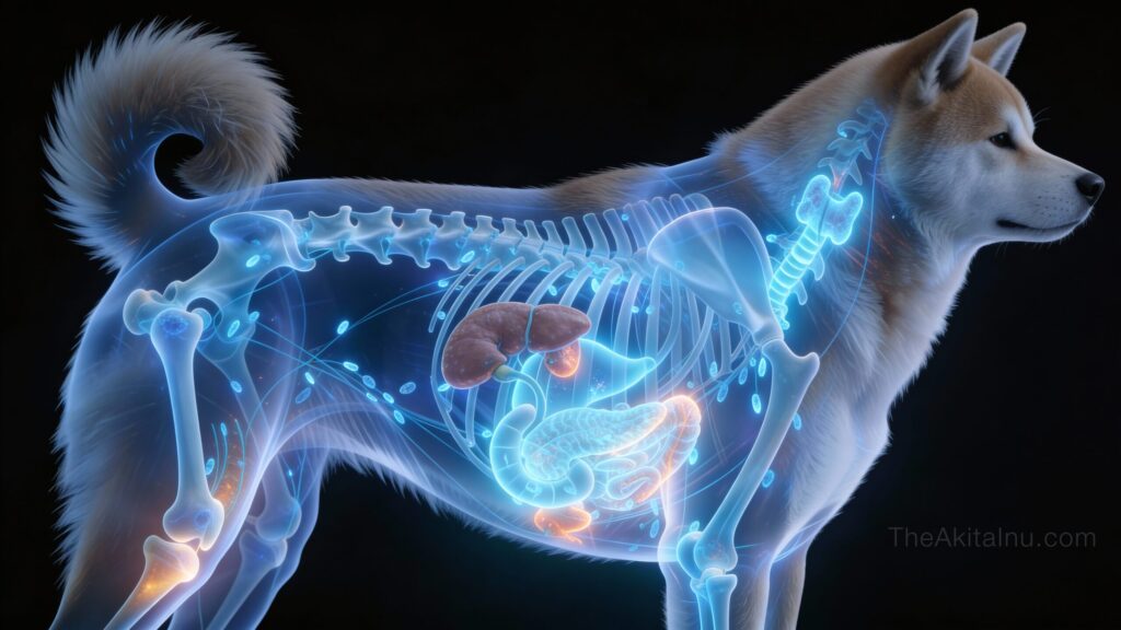 Akita Inu systemic cancer risk overview showing internal organs and tumor development in a medical style illustration