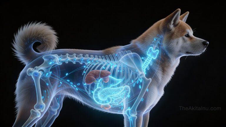 Healthy immune system structure in a Japanese Akita Inu shown in veterinary-style anatomical illustration.